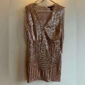 Forever 21 Gold Sequin Fringe V-Neck Mini Dress